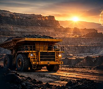 Camion minier dans une mine à ciel ouvert au coucher du soleil