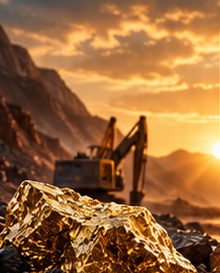 Pépite d'or sur un site minier au coucher du soleil