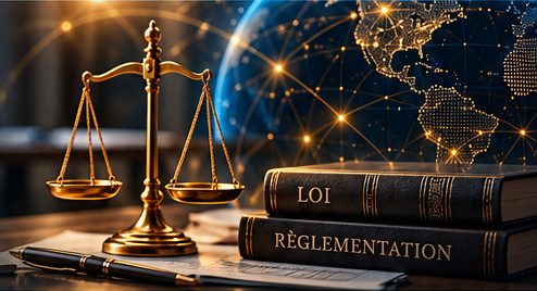 Balance de la justice et recueils de lois devant un globe