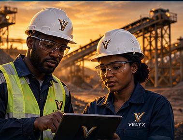 Deux techniciens consultent une tablette sur un site minier