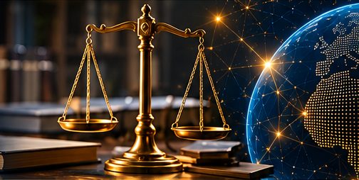 Balance de la justice devant un globe numérique